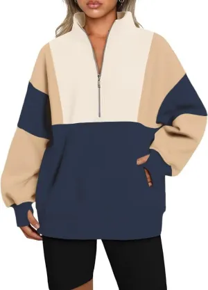 Chvity Women's Half Zip Oversized Sweatshirts Fleece Color Block Long Sleeve Hoodies Casual Fashion Sweaters with Pockerts