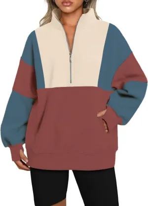 Chvity Women's Half Zip Oversized Sweatshirts Fleece Color Block Long Sleeve Hoodies Casual Fashion Sweaters with Pockerts