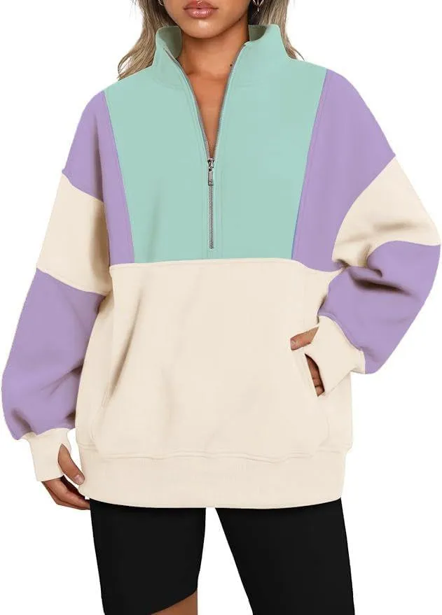 Chvity Women's Half Zip Oversized Sweatshirts Fleece Color Block Long Sleeve Hoodies Casual Fashion Sweaters with Pockerts