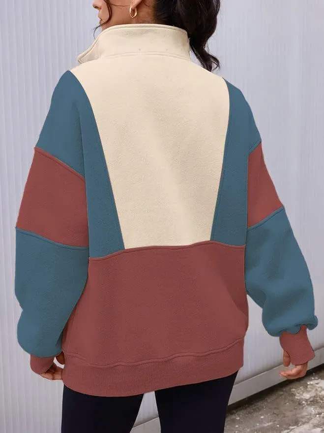 Chvity Women's Half Zip Oversized Sweatshirts Fleece Color Block Long Sleeve Hoodies Casual Fashion Sweaters with Pockerts