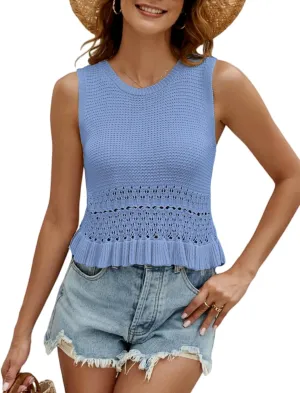 CiCiBird Women Cute Crop Sweaters Vest Knit Sleeveless Pullover Tops Crochet Ruffle Hem Tank