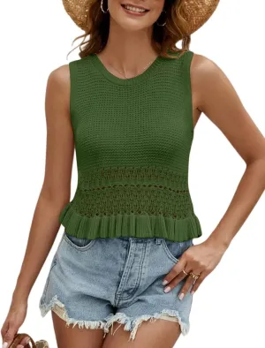 CiCiBird Women Cute Crop Sweaters Vest Knit Sleeveless Pullover Tops Crochet Ruffle Hem Tank