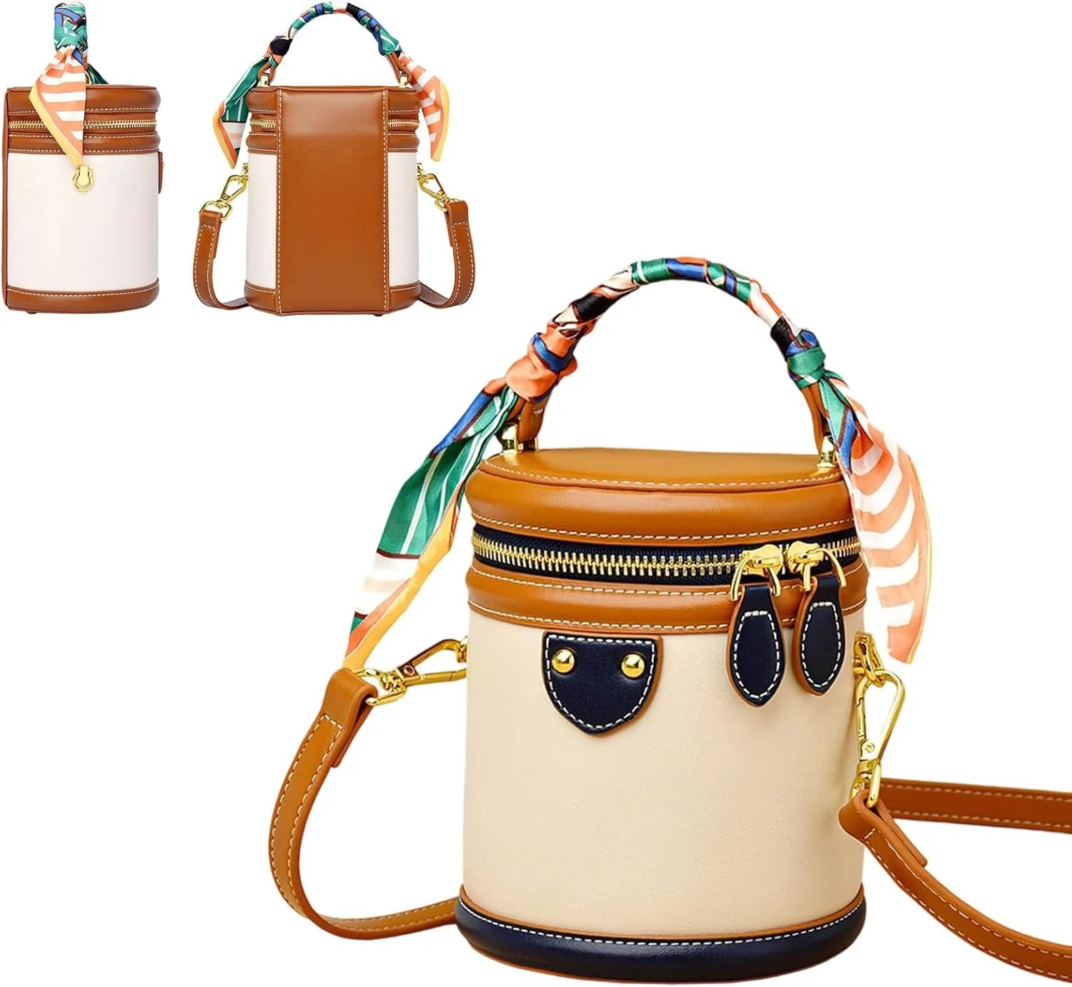 Colorblock Bucket Bag For Women, 2025 New Leather Fashion Versatile Colorblock Cylinder Bag, Fashionable Crossbody