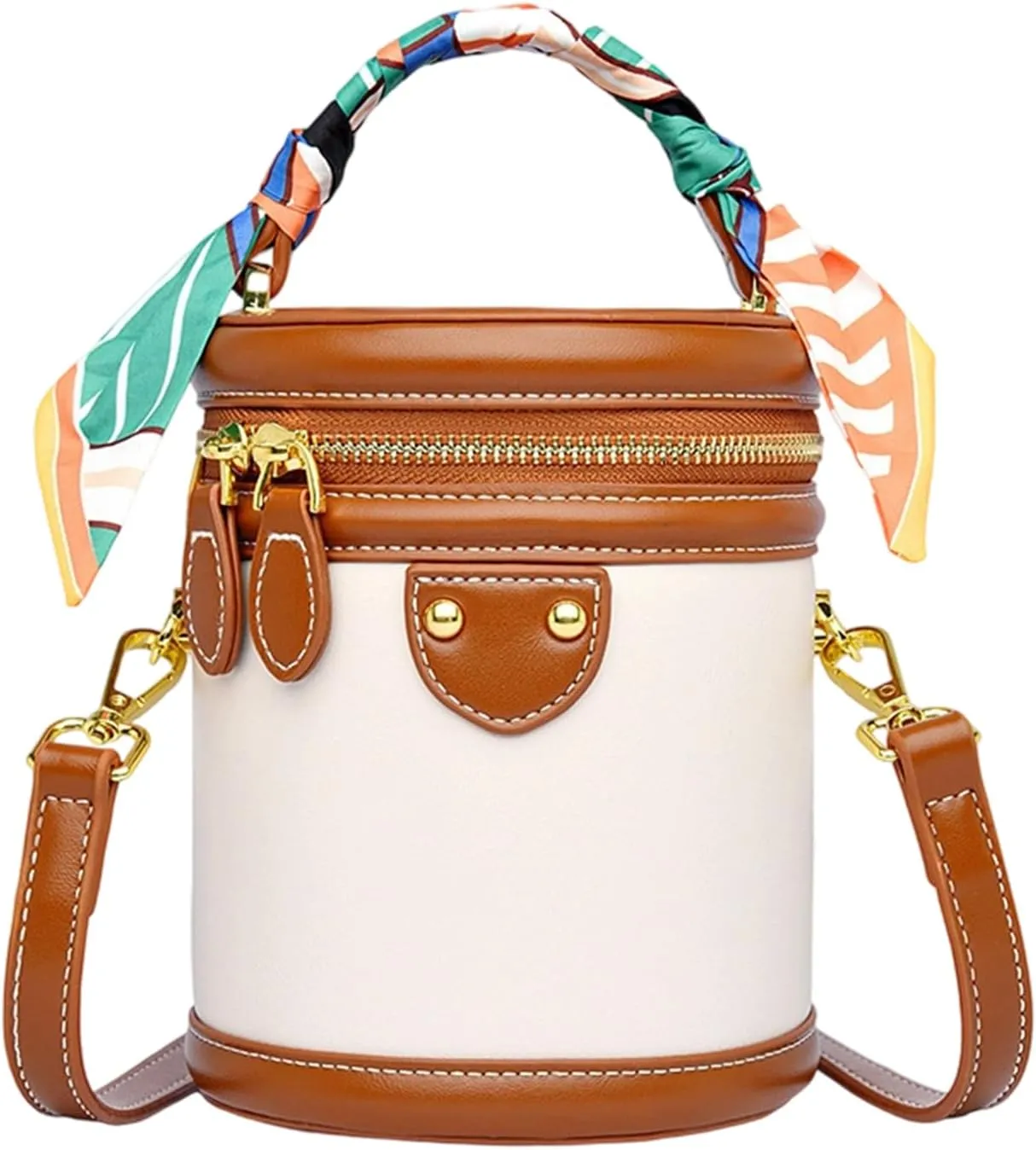 Colorblock Bucket Bag For Women, 2025 New Leather Fashion Versatile Colorblock Cylinder Bag, Fashionable Crossbody