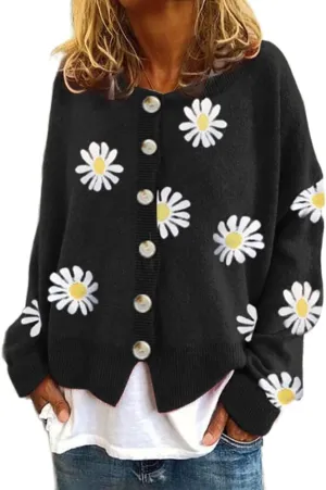 Costaric Womens Long Sleeve Daisy Flower Cardigan Sweaters Plus Size Aesthetic 90s Button Down Open Front Sweater Outfits