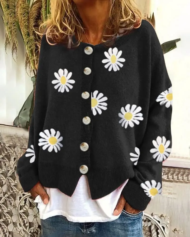 Costaric Womens Long Sleeve Daisy Flower Cardigan Sweaters Plus Size Aesthetic 90s Button Down Open Front Sweater Outfits