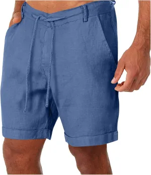 Cotton Linen Shorts for Men Belt Loops Drawstring Shorts Classic Shorts Elastic Waist Summer Beach Pants