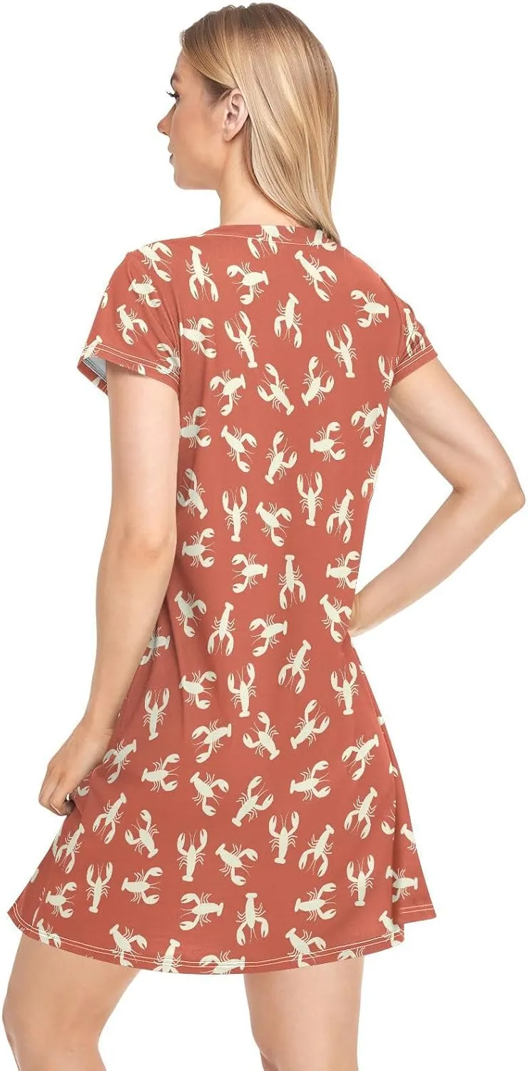 Crawfish Lobster Nightgowns for Women Short Sleeve Sleepshirt Dress Casual Print Sleepdress Sleepwear Pajama Dress