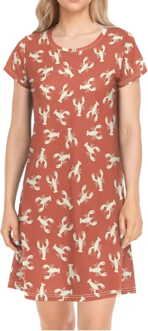 Crawfish Lobster Nightgowns for Women Short Sleeve Sleepshirt Dress Casual Print Sleepdress Sleepwear Pajama Dress