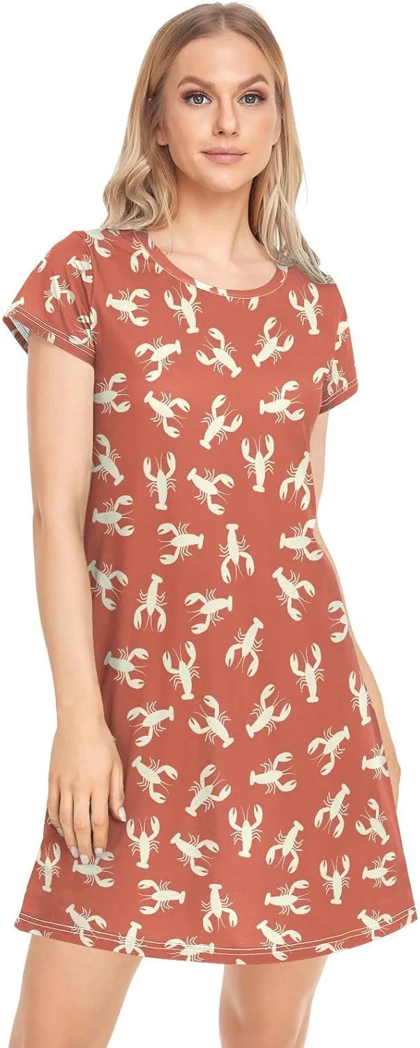 Crawfish Lobster Nightgowns for Women Short Sleeve Sleepshirt Dress Casual Print Sleepdress Sleepwear Pajama Dress