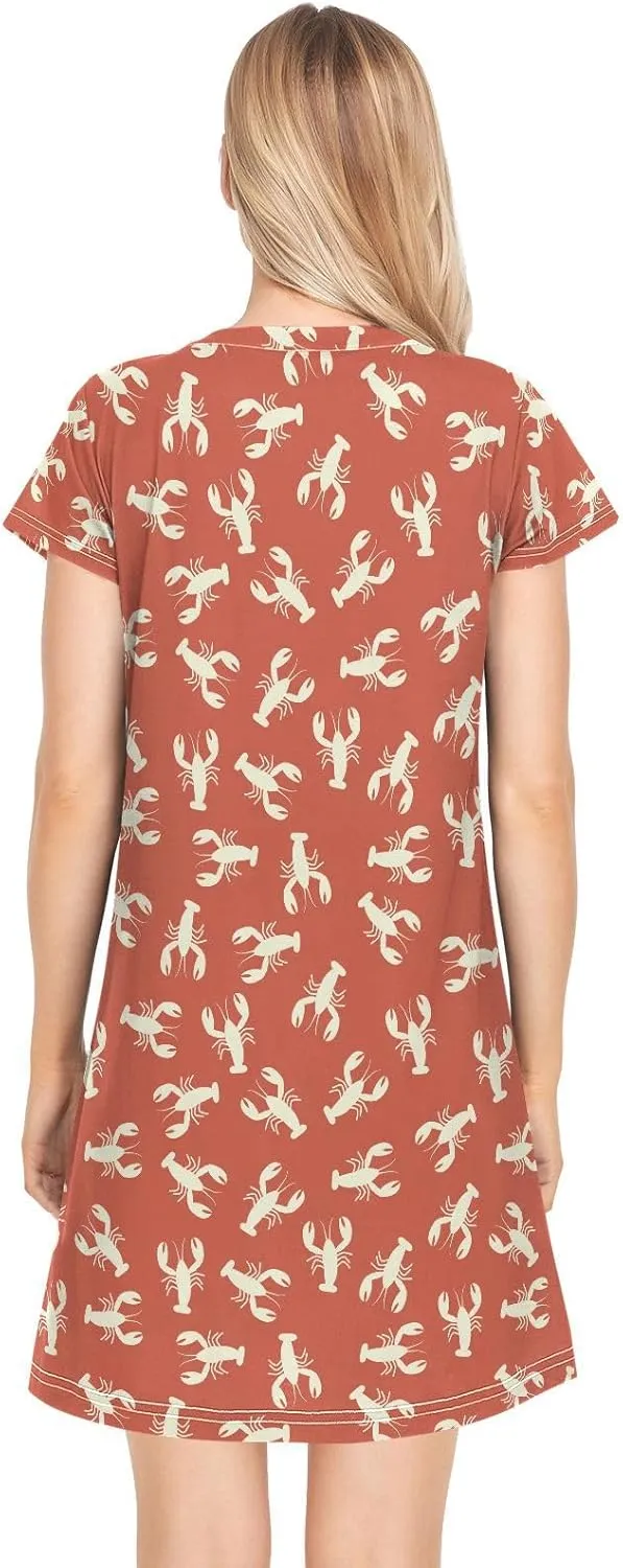 Crawfish Lobster Nightgowns for Women Short Sleeve Sleepshirt Dress Casual Print Sleepdress Sleepwear Pajama Dress