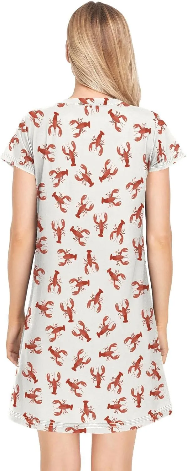 Crawfish Pattern Nightgowns for Women Short Sleeve Sleepshirt Dress Casual Print Sleepdress Sleepwear Pajama Dress
