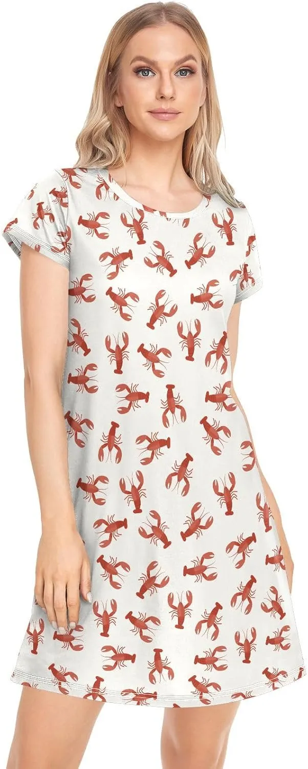 Crawfish Pattern Nightgowns for Women Short Sleeve Sleepshirt Dress Casual Print Sleepdress Sleepwear Pajama Dress