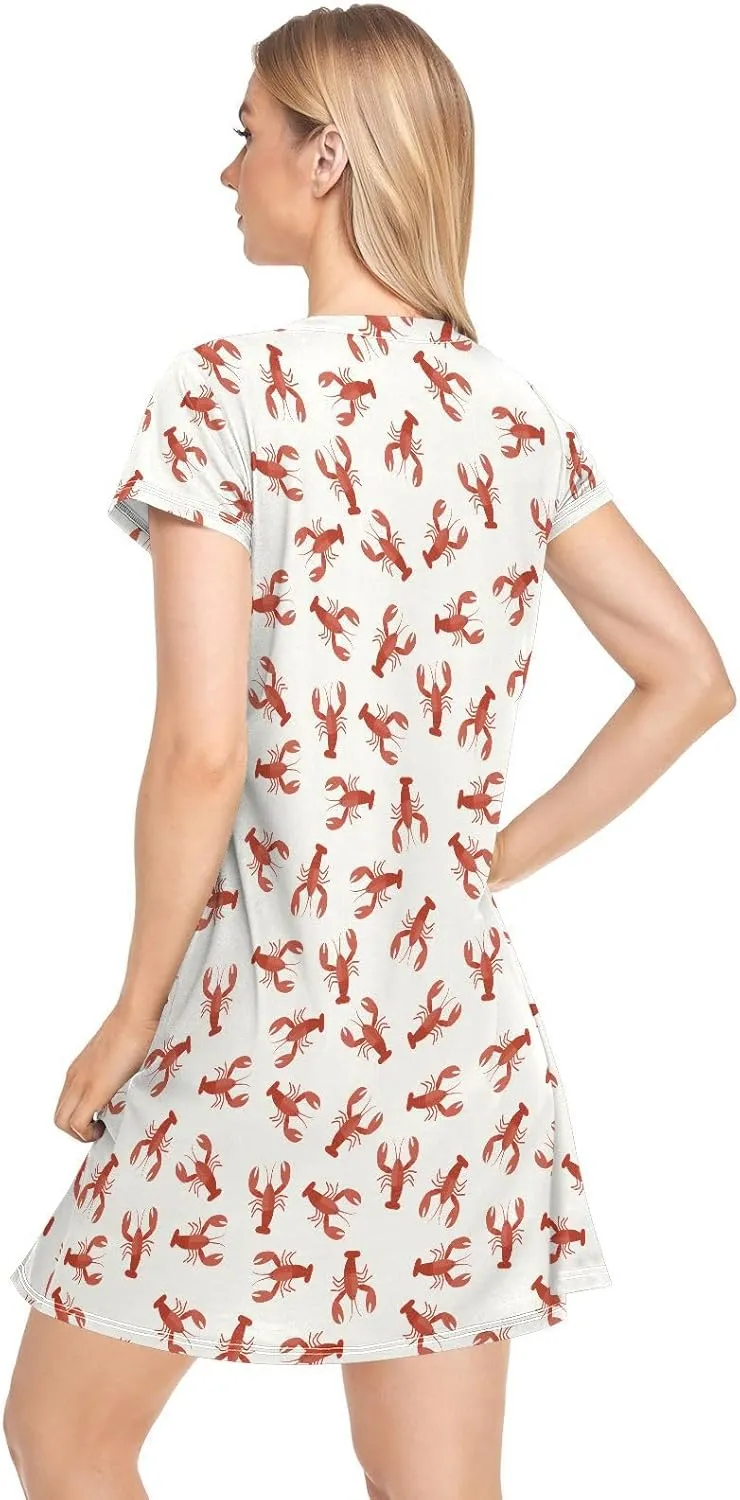 Crawfish Pattern Nightgowns for Women Short Sleeve Sleepshirt Dress Casual Print Sleepdress Sleepwear Pajama Dress