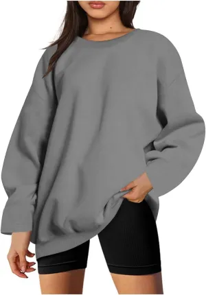 Crewneck Sweatshirt for Women Solid Color Oversized Sweatshirt Long Sleeve Pullover Top Fall Winter Sweatshirt