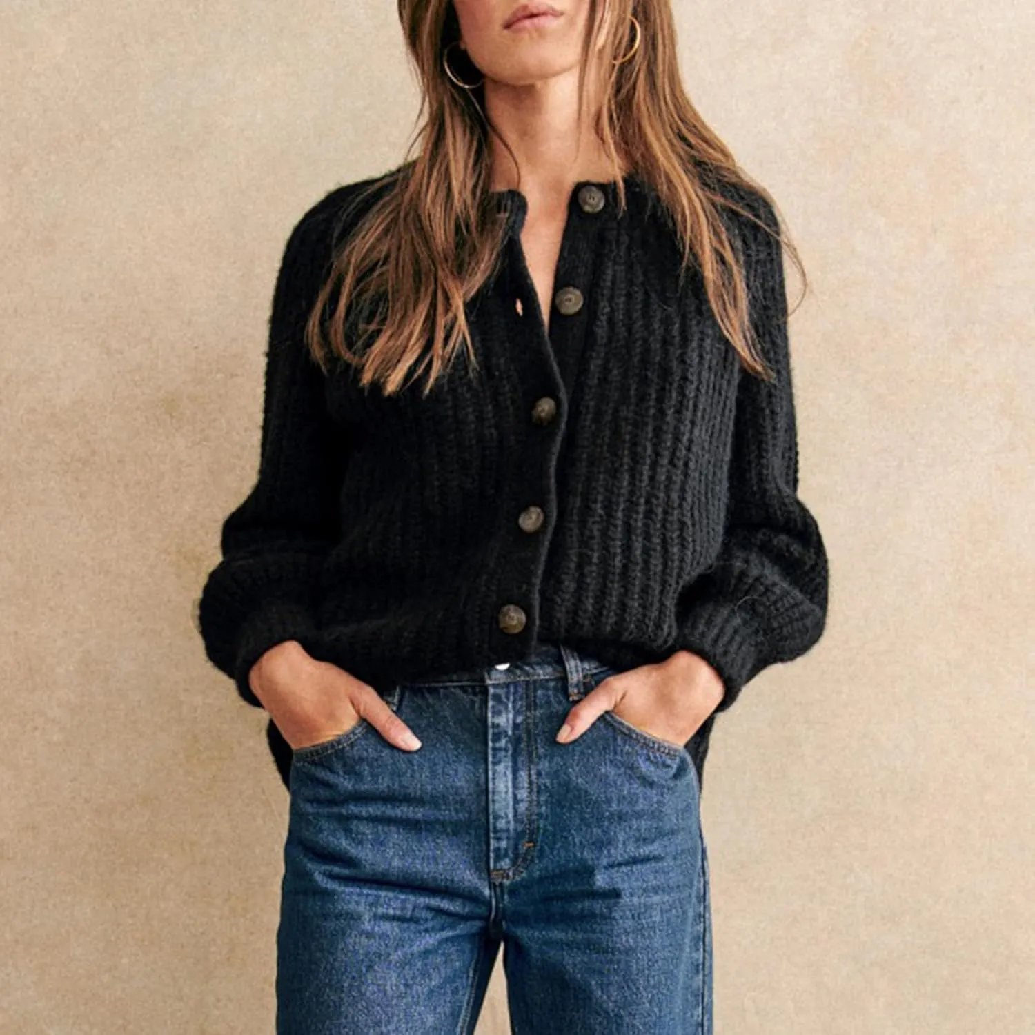 Crochet Cardigan Sweaters for Women Tops Chunky Knitted Crew Neck Long Sleeve Button Down Jackets Open Front Coat