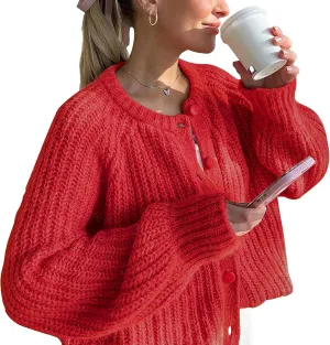 Crochet Cardigan Sweaters for Women Tops Chunky Knitted Crew Neck Long Sleeve Button Down Jackets Open Front Coat