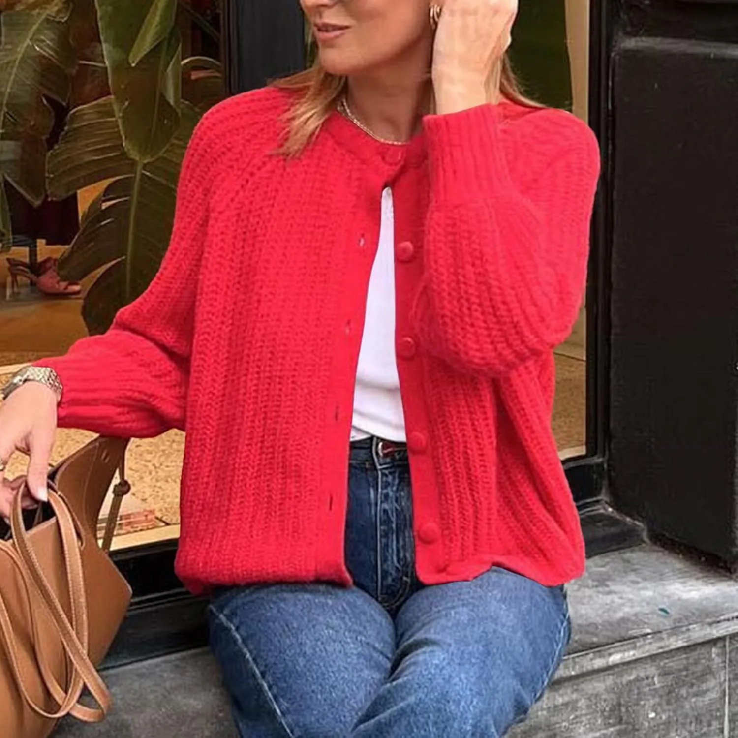 Crochet Cardigan Sweaters for Women Tops Chunky Knitted Crew Neck Long Sleeve Button Down Jackets Open Front Coat