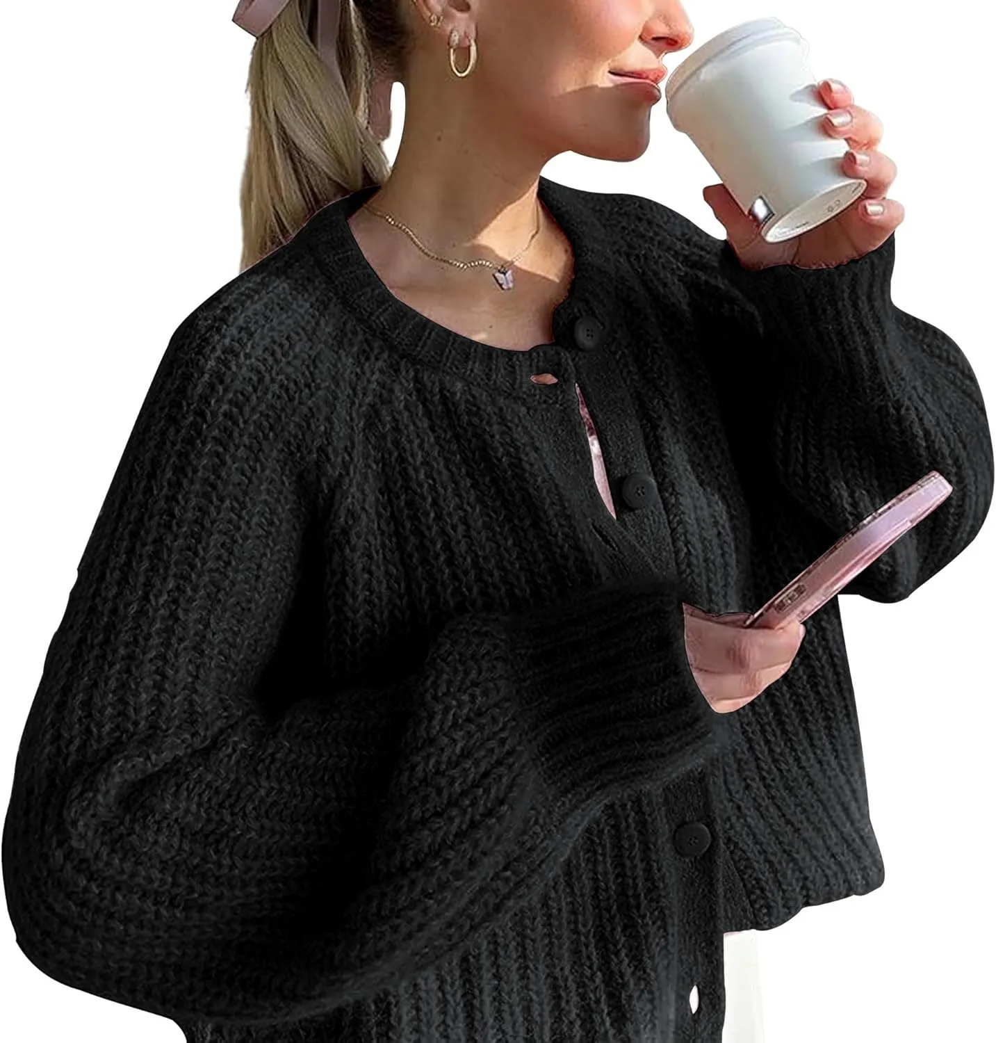 Crochet Cardigan Sweaters for Women Tops Chunky Knitted Crew Neck Long Sleeve Button Down Jackets Open Front Coat