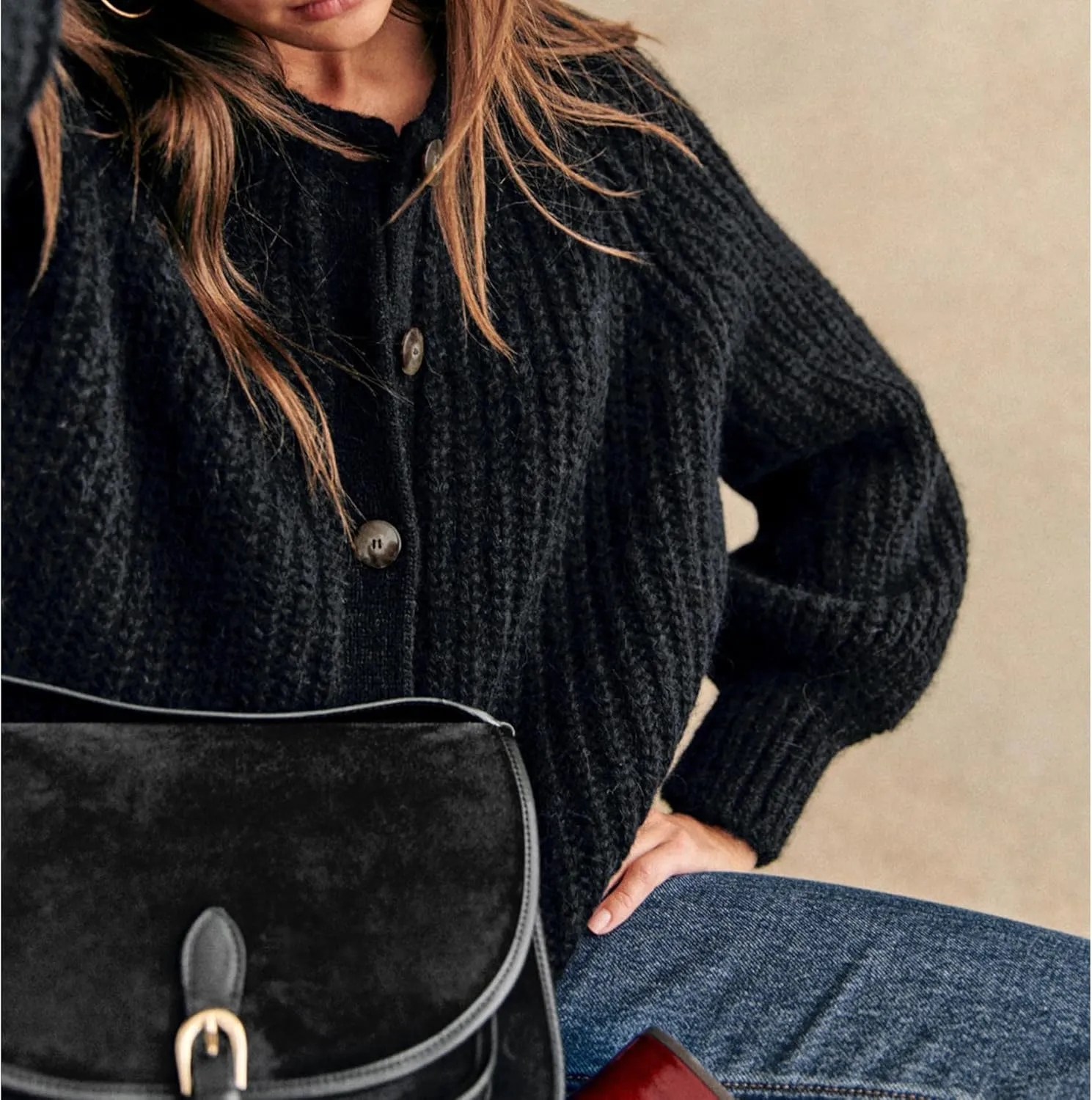 Crochet Cardigan Sweaters for Women Tops Chunky Knitted Crew Neck Long Sleeve Button Down Jackets Open Front Coat