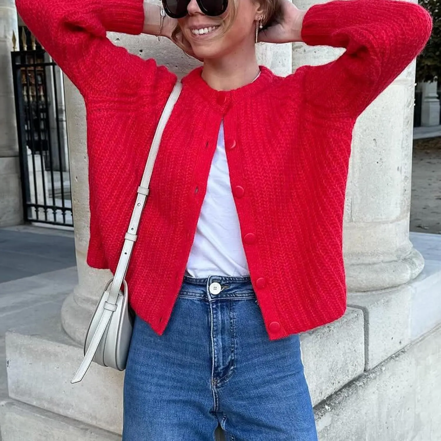 Crochet Cardigan Sweaters for Women Tops Chunky Knitted Crew Neck Long Sleeve Button Down Jackets Open Front Coat