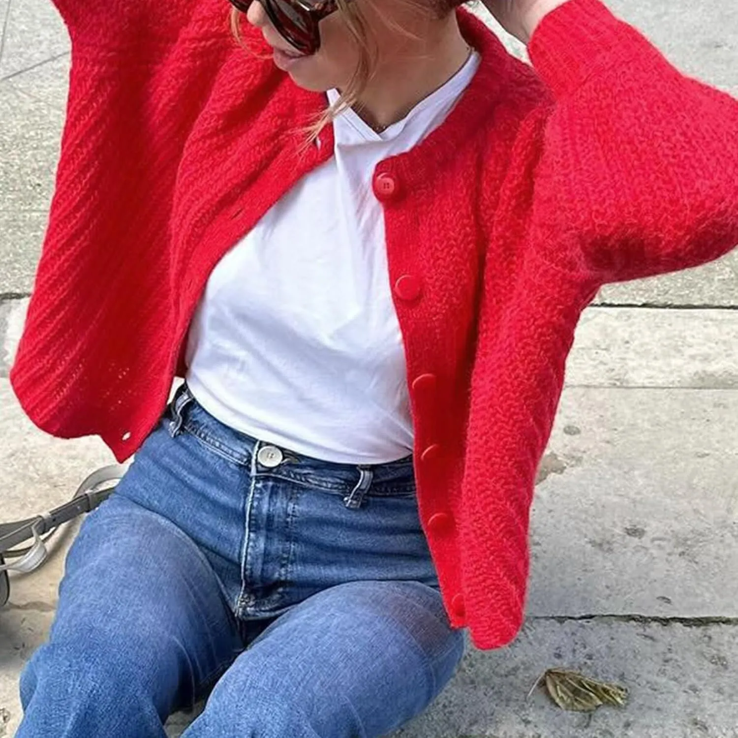 Crochet Cardigan Sweaters for Women Tops Chunky Knitted Crew Neck Long Sleeve Button Down Jackets Open Front Coat