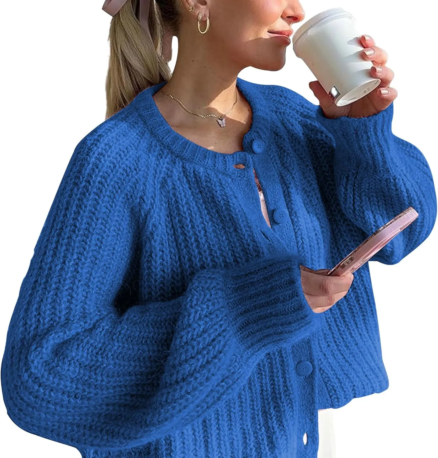 Crochet Cardigan Sweaters for Women Tops Chunky Knitted Crew Neck Long Sleeve Button Down Jackets Open Front Coat