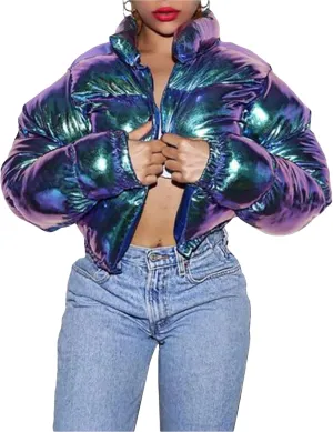 Cropped Puffer Jacket Women, Short Puffer Coat Women Cropped Stand Collar Metallic Cropped Down Jackets