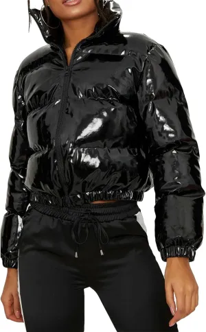 Cropped Puffer Jacket Women, Short Puffer Coat Women Cropped Stand Collar Metallic Cropped Down Jackets