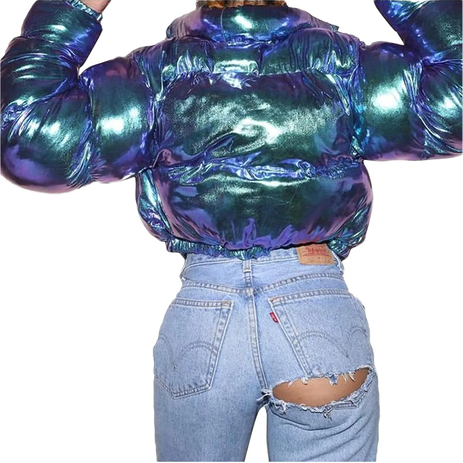 Cropped Puffer Jacket Women, Short Puffer Coat Women Cropped Stand Collar Metallic Cropped Down Jackets