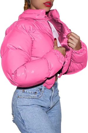 Cropped Puffer Jacket Women, Short Puffer Coat Women Cropped Stand Collar Metallic Cropped Down Jackets