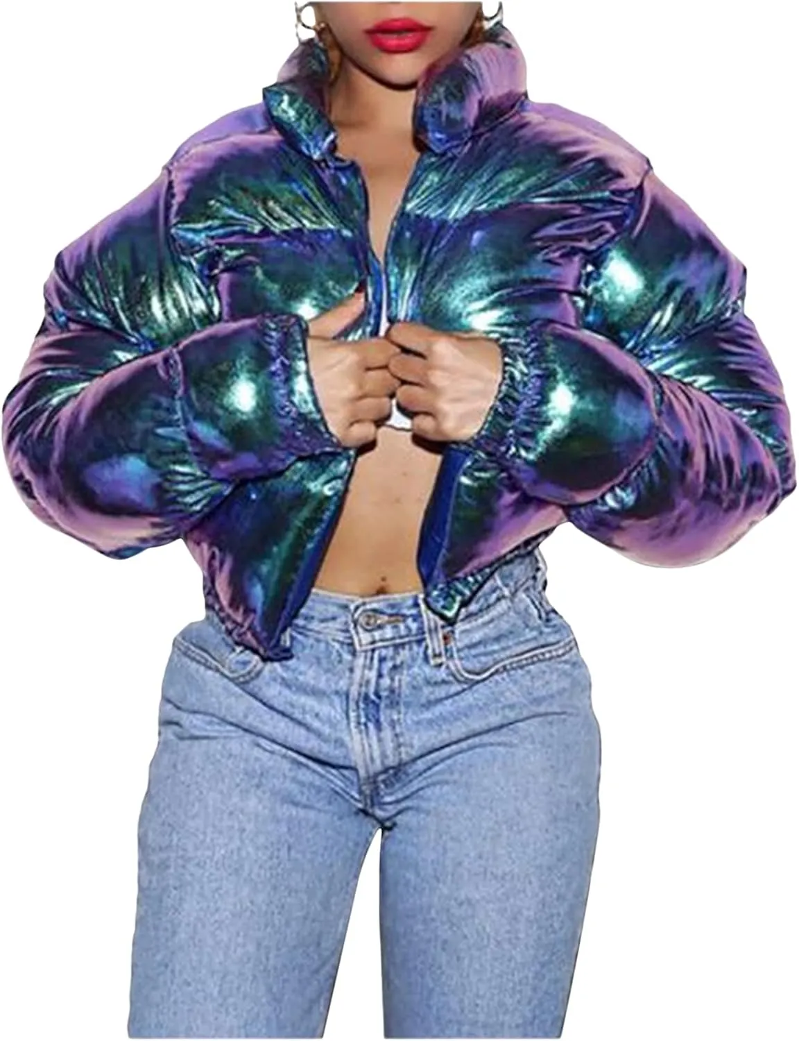 Cropped Puffer Jacket Women, Short Puffer Coat Women Cropped Stand Collar Metallic Cropped Down Jackets