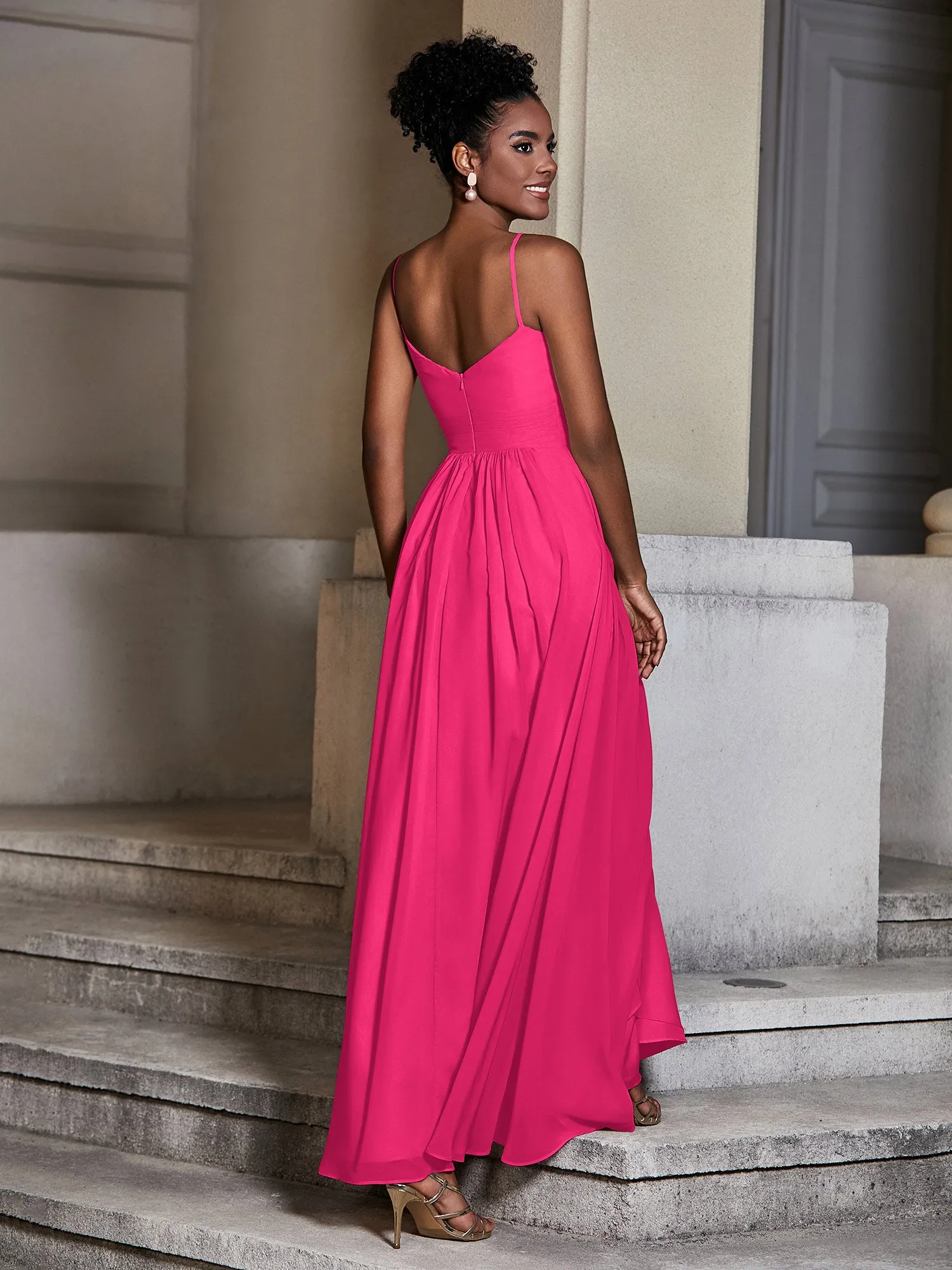Cross Pleated Bodice Spaghetti Strap Dresses Fuchsia