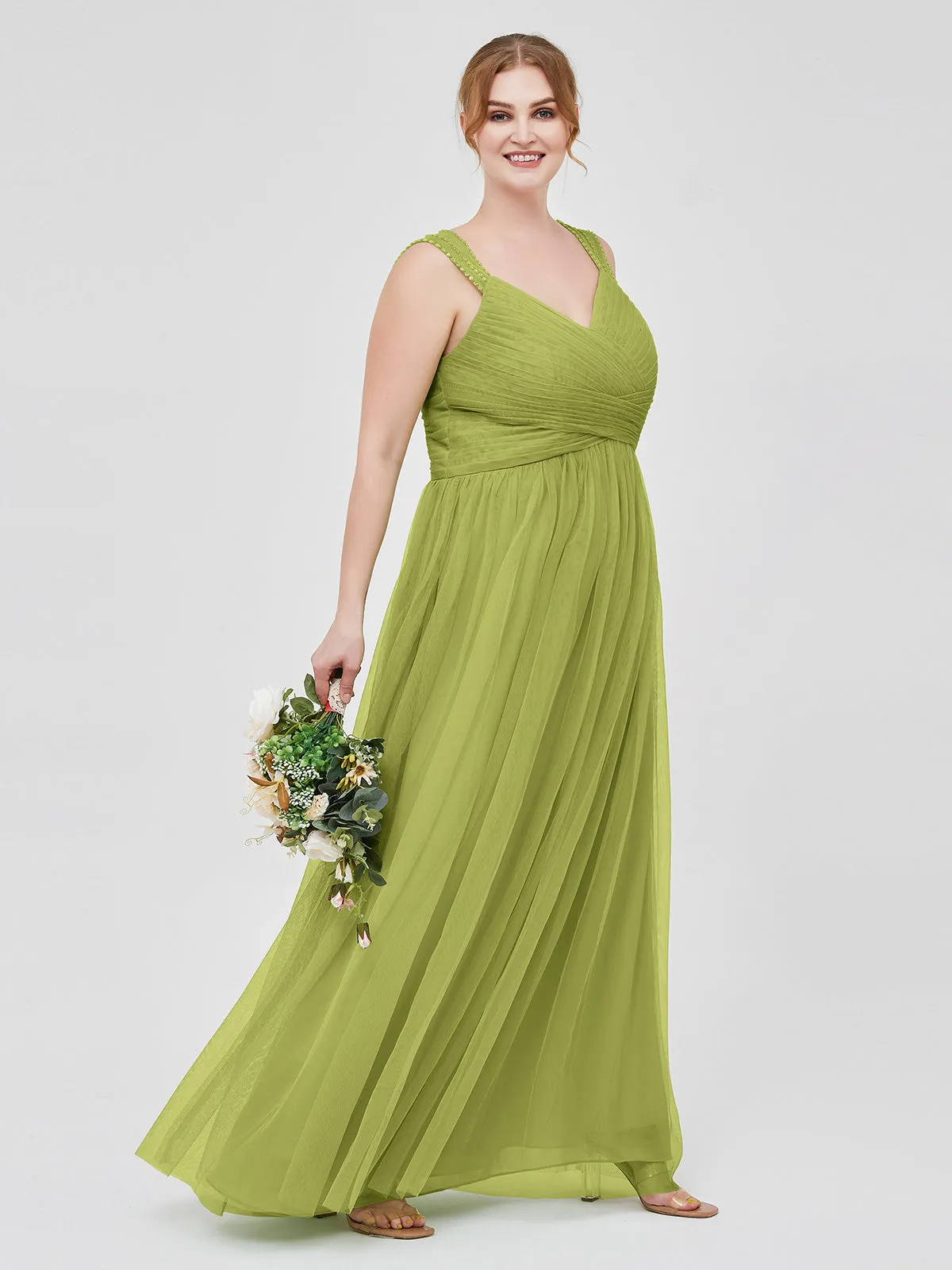 Cross-Pleated Tulle Long Dresses with Beaded Straps Clover Plus Size