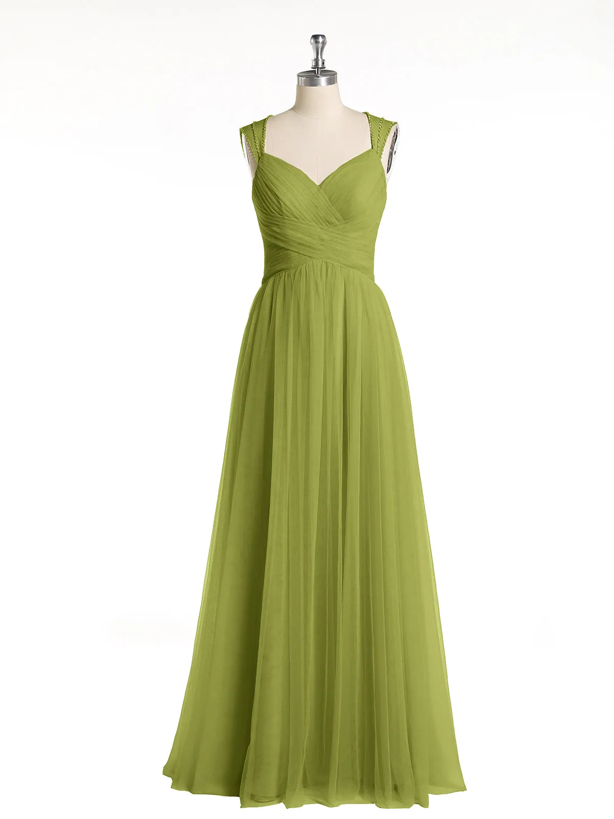 Cross-Pleated Tulle Long Dresses with Beaded Straps Clover Plus Size