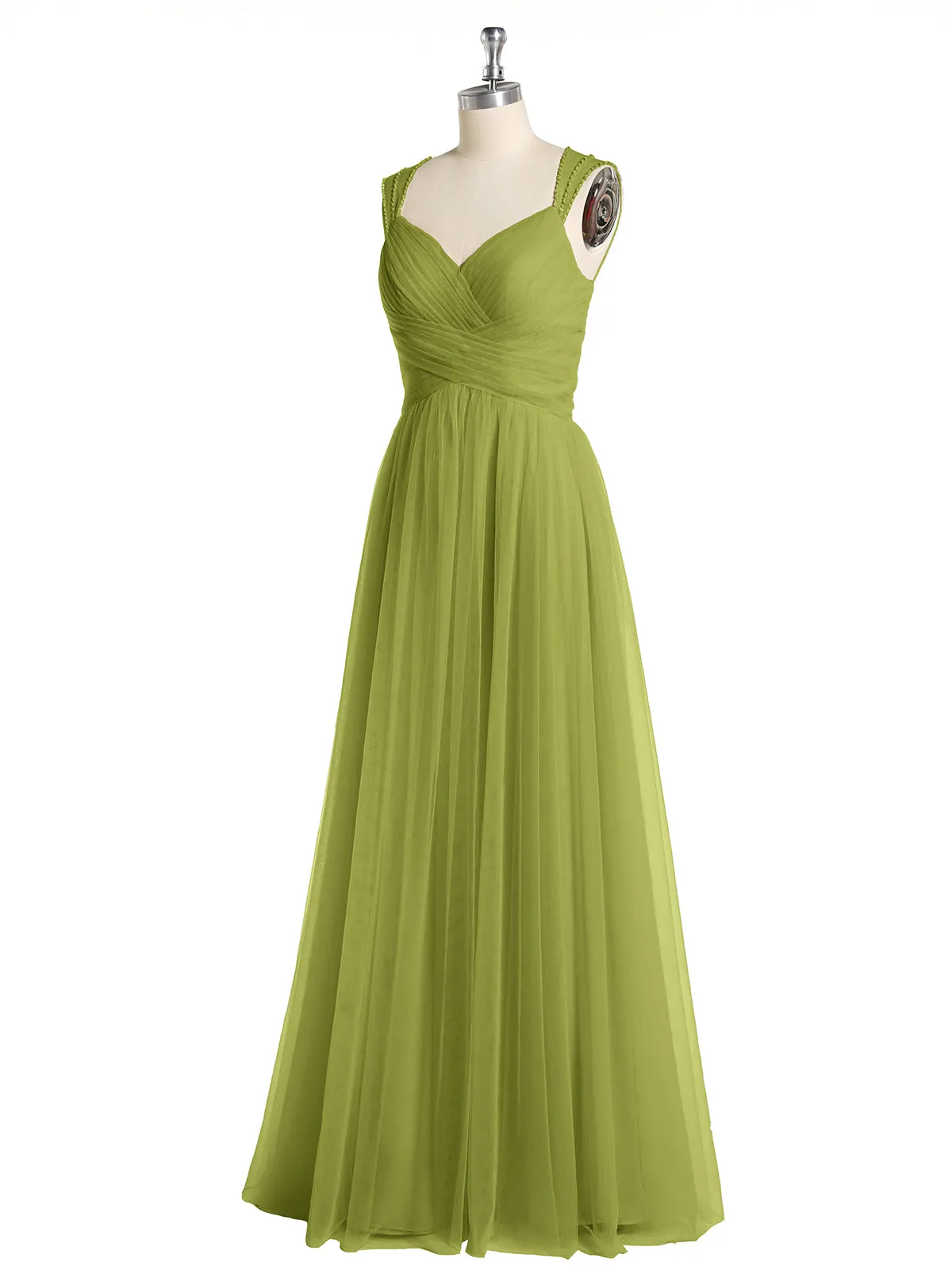 Cross-Pleated Tulle Long Dresses with Beaded Straps Clover Plus Size
