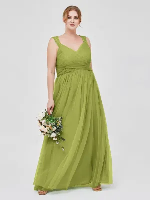 Cross-Pleated Tulle Long Dresses with Beaded Straps Clover Plus Size