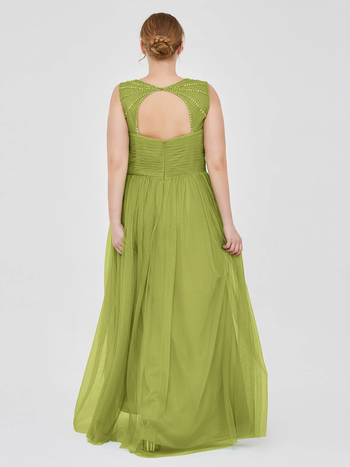 Cross-Pleated Tulle Long Dresses with Beaded Straps Clover Plus Size