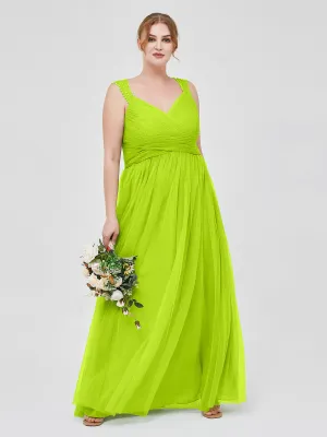 Cross-Pleated Tulle Long Dresses with Beaded Straps Lime Green Plus Size