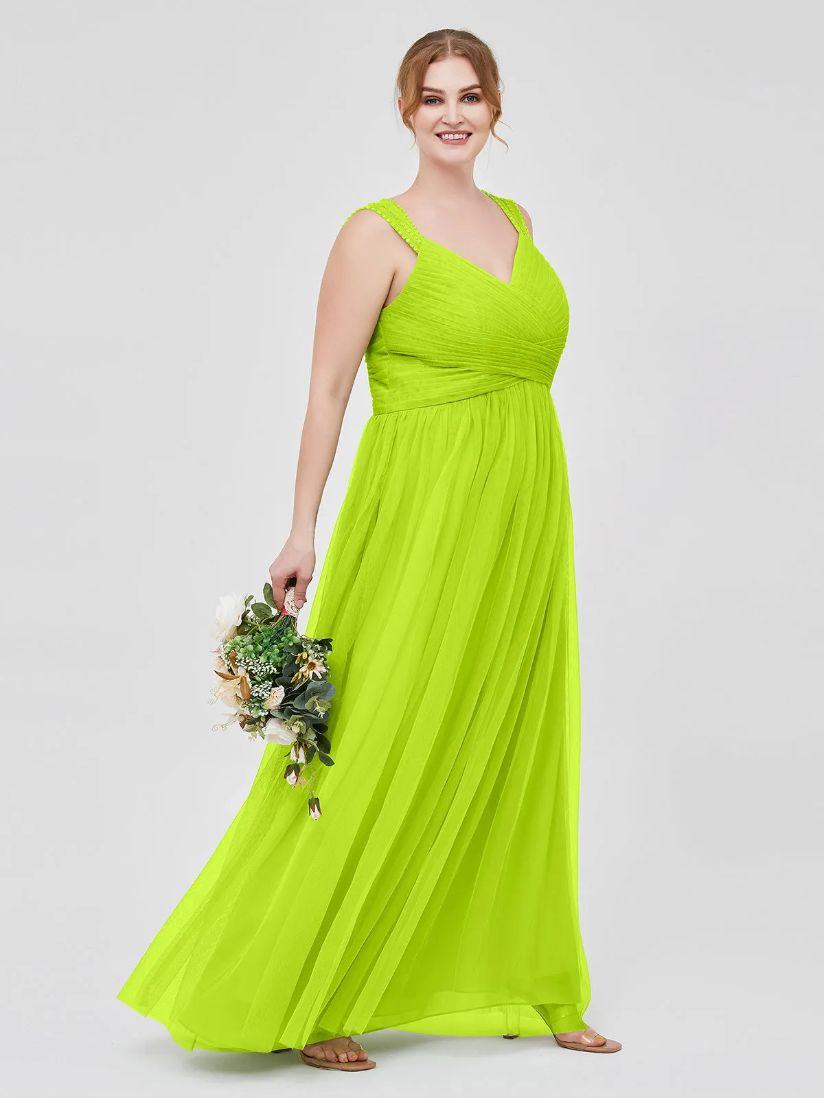 Cross-Pleated Tulle Long Dresses with Beaded Straps Lime Green Plus Size