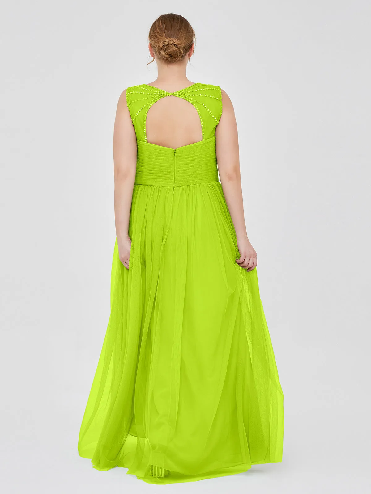 Cross-Pleated Tulle Long Dresses with Beaded Straps Lime Green Plus Size