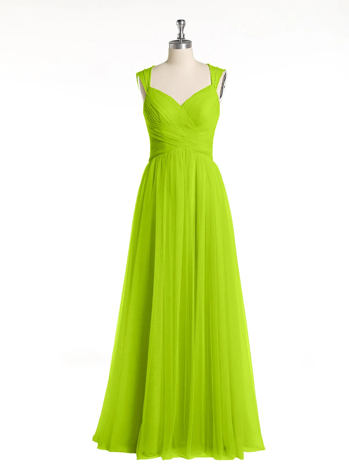 Cross-Pleated Tulle Long Dresses with Beaded Straps Lime Green Plus Size