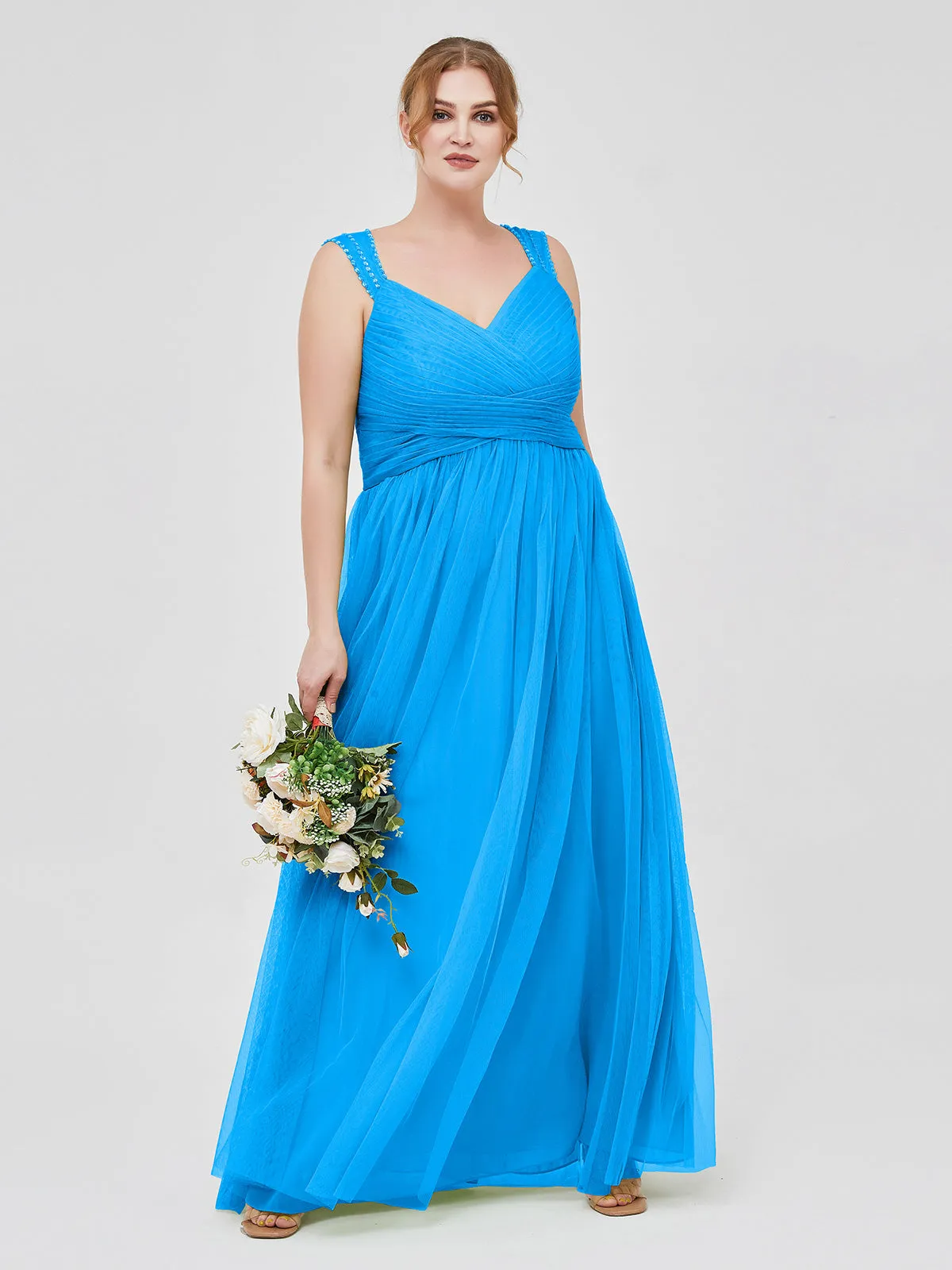 Cross-Pleated Tulle Long Dresses with Beaded Straps Ocean Blue Plus Size