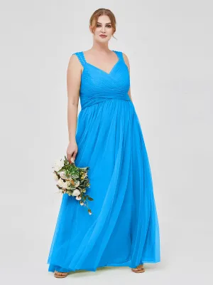 Cross-Pleated Tulle Long Dresses with Beaded Straps Ocean Blue Plus Size Cross-Pleated Tulle Long Dresses with Beaded Straps Ocean Blue Plus Size