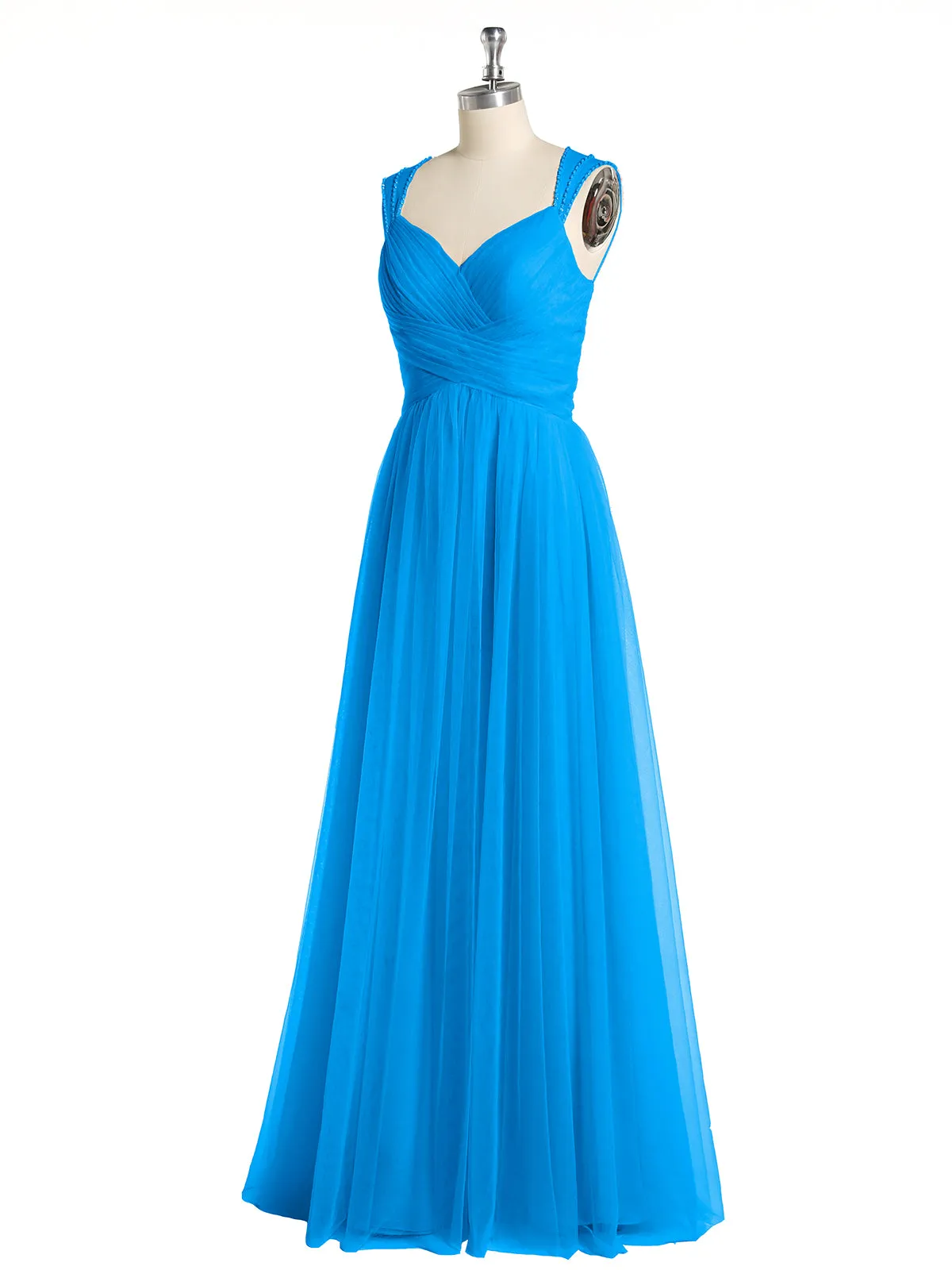 Cross-Pleated Tulle Long Dresses with Beaded Straps Ocean Blue Plus Size