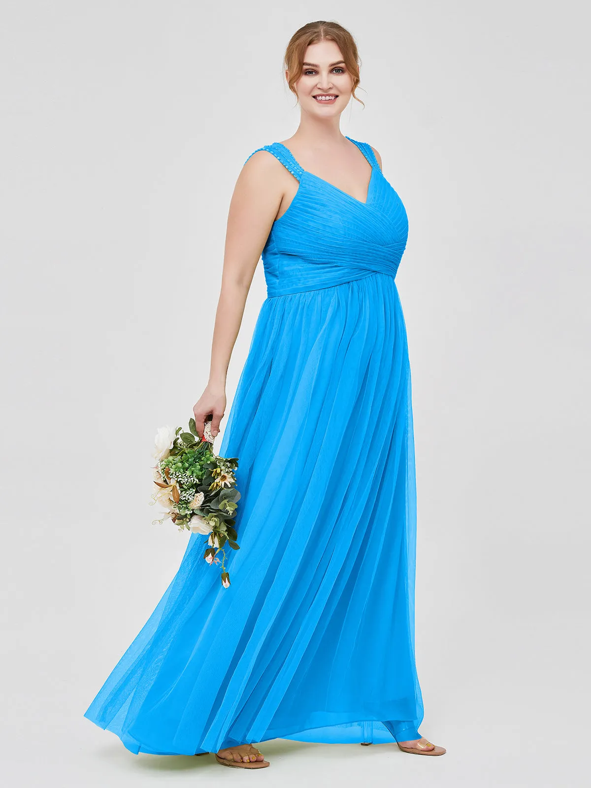 Cross-Pleated Tulle Long Dresses with Beaded Straps Ocean Blue Plus Size