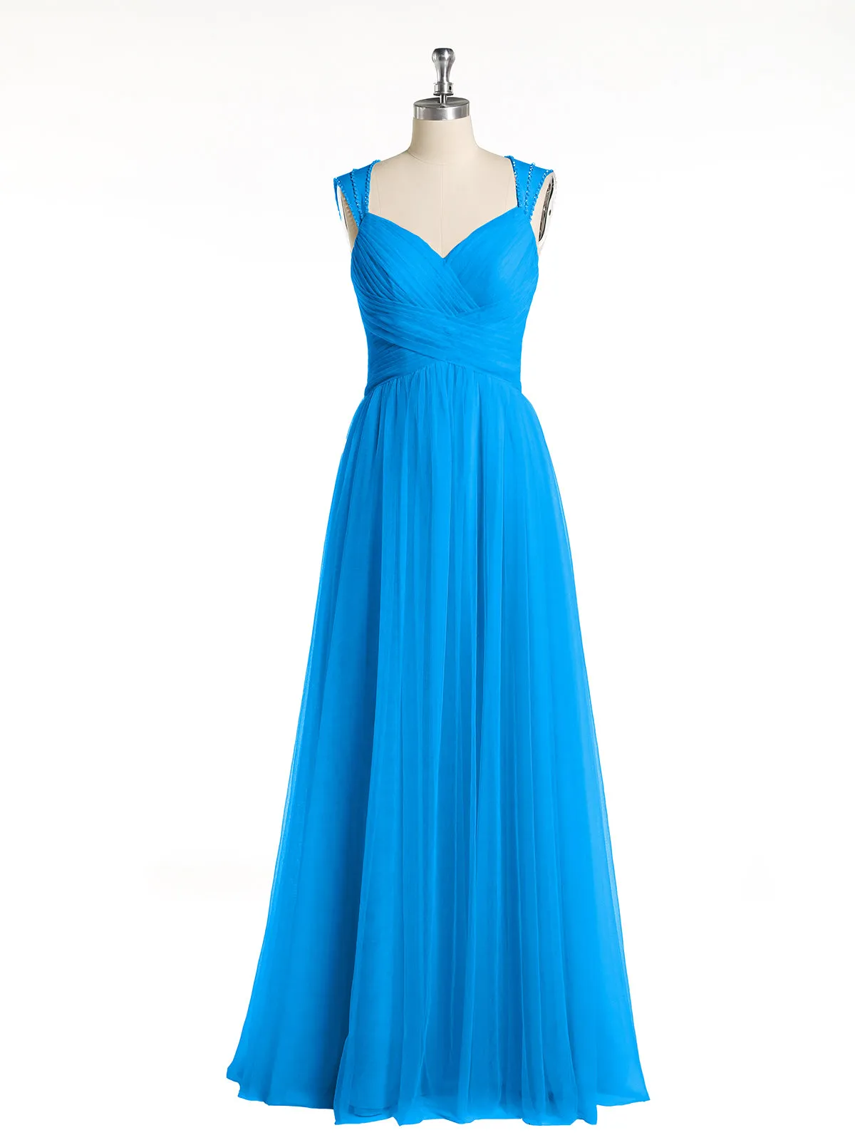 Cross-Pleated Tulle Long Dresses with Beaded Straps Ocean Blue Plus Size