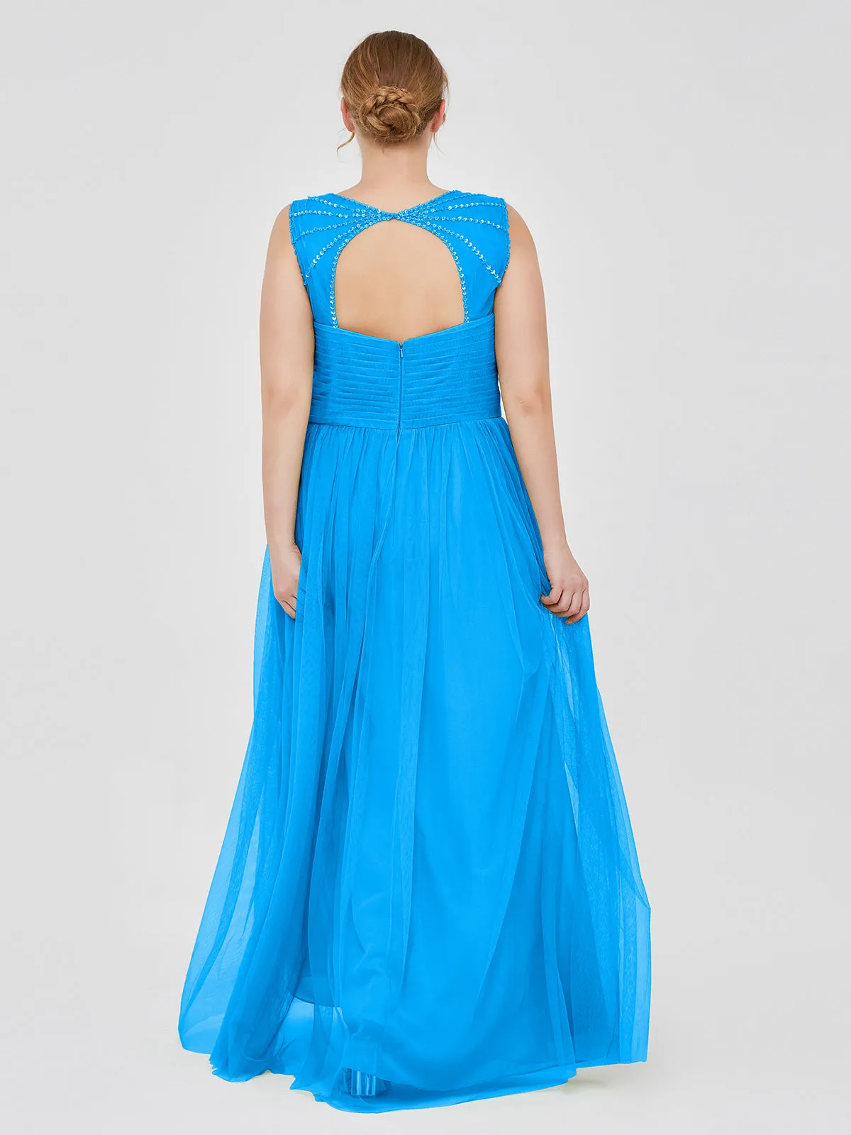 Cross-Pleated Tulle Long Dresses with Beaded Straps Ocean Blue Plus Size
