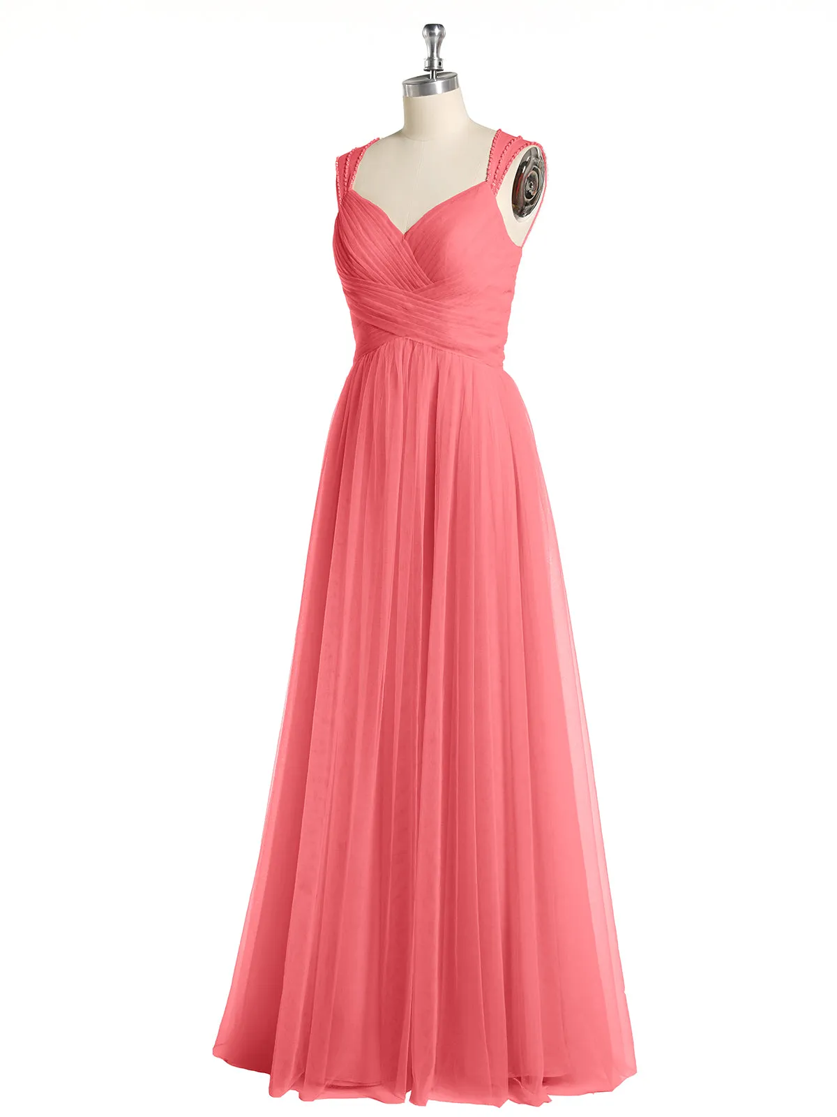 Cross-Pleated Tulle Long Dresses with Beaded Straps Watermelon Plus Size