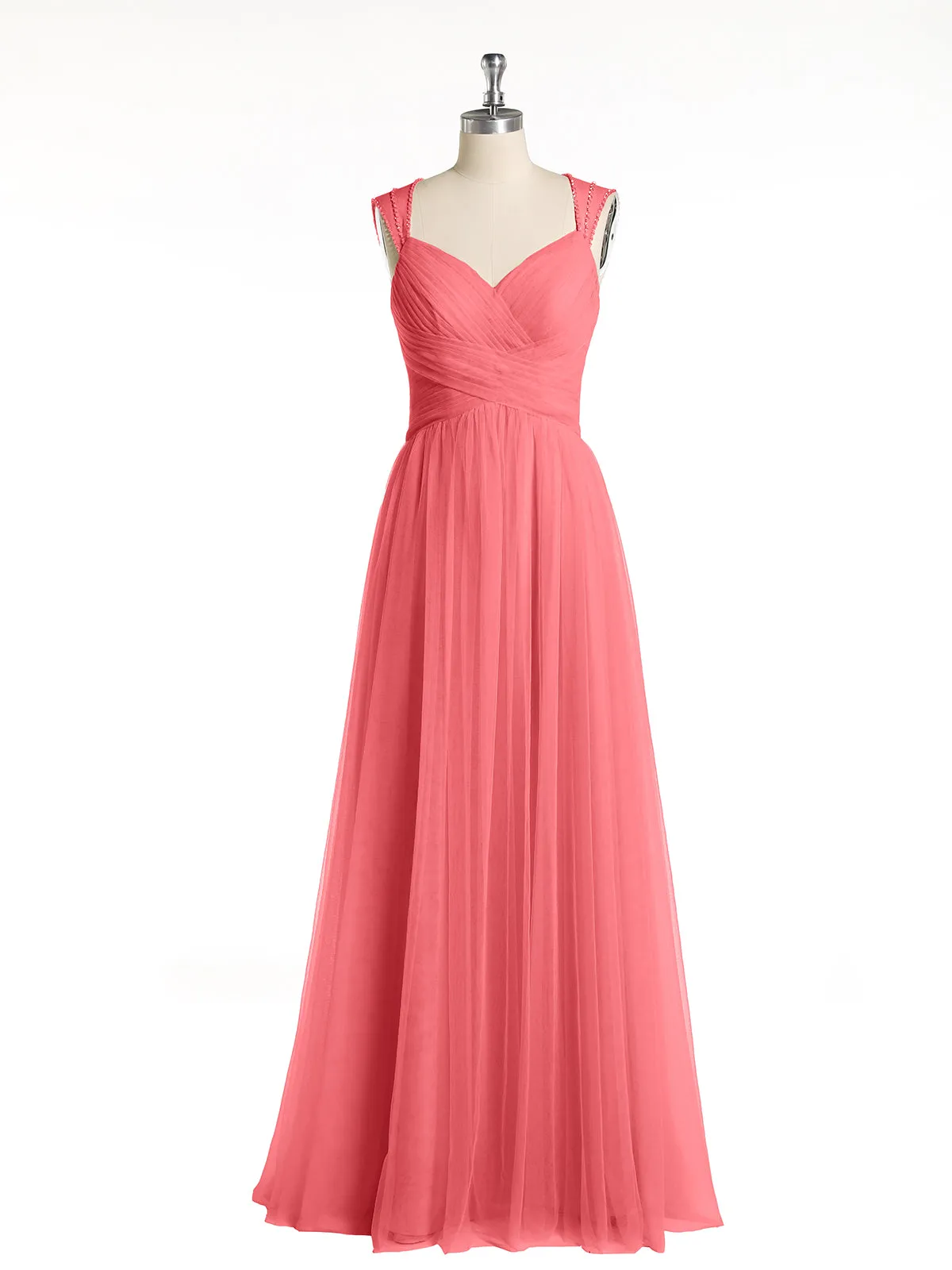 Cross-Pleated Tulle Long Dresses with Beaded Straps Watermelon Plus Size